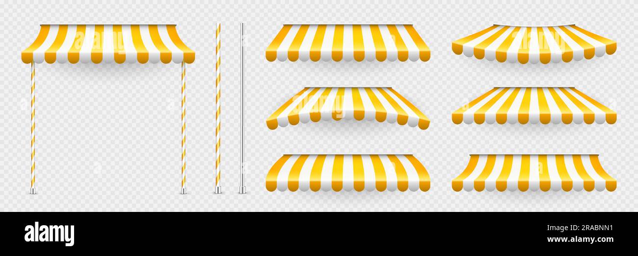 Yellow shop sunshade with stand holders. Realistic striped cafe awning ...