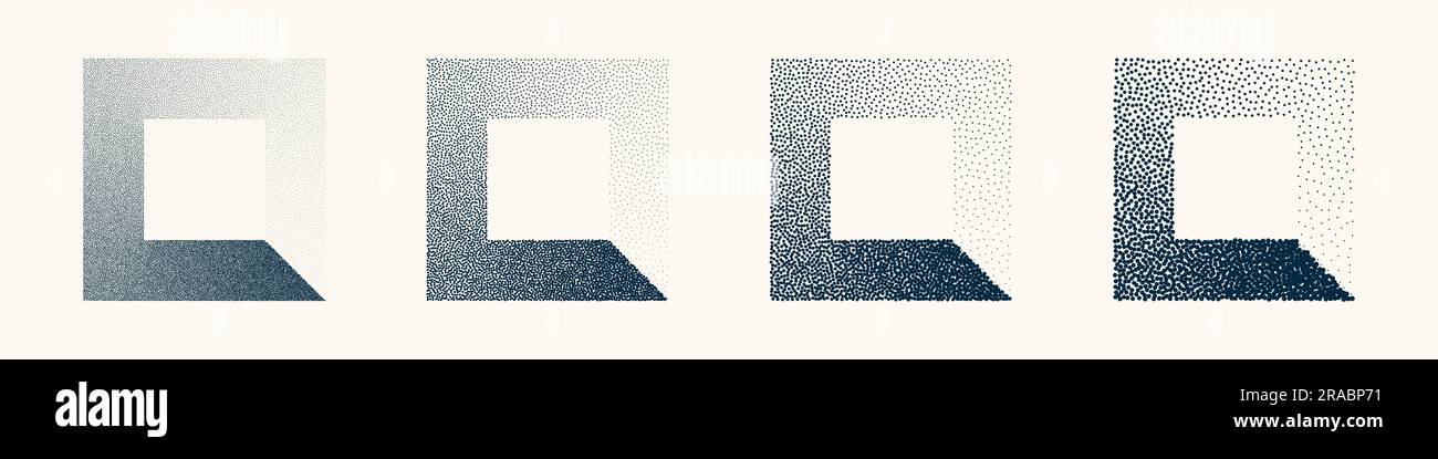 Square shaped dotted objects, vintage stipple elements. Stippling, dotwork drawing shading using dots. Halftone disintegration effect. White noise Stock Vector