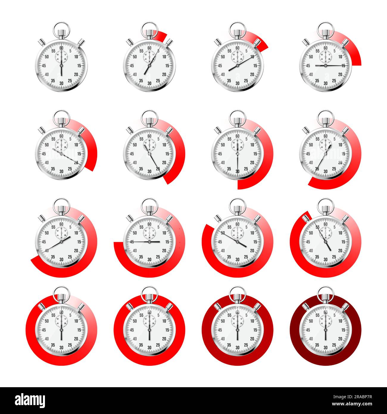 Realistic classic stopwatch. Shiny metal chronometer, time counter with dial. Red countdown