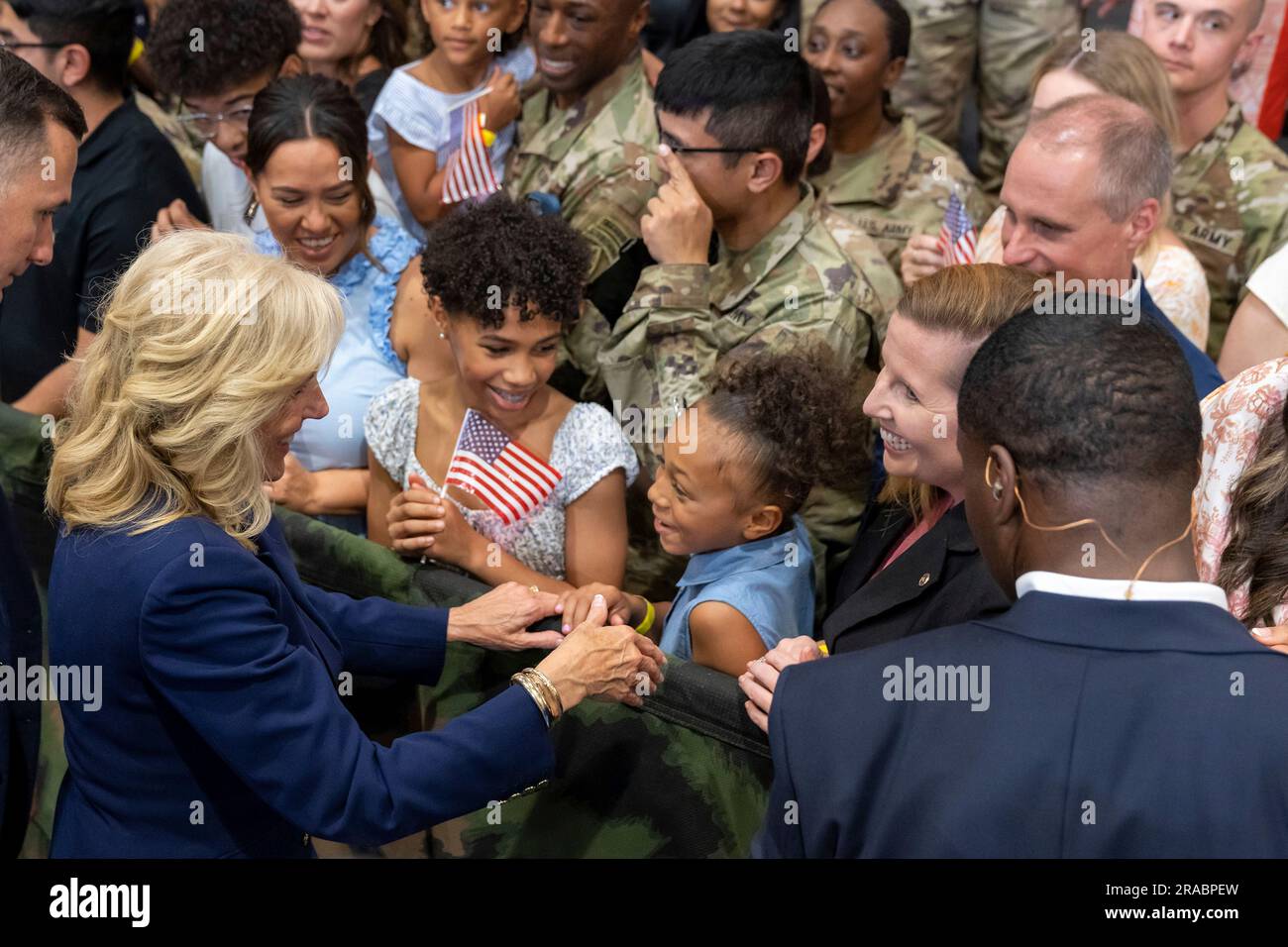 Fayetteville, United States of America. 09 June, 2023. U.S First Lady Jill Biden greets service members and their families after President Joe Biden signed an Executive Order promoting the Joining Forces program for military families at Fort Liberty, June 9, 2023, in Fayetteville, North Carolina. Stock Photo