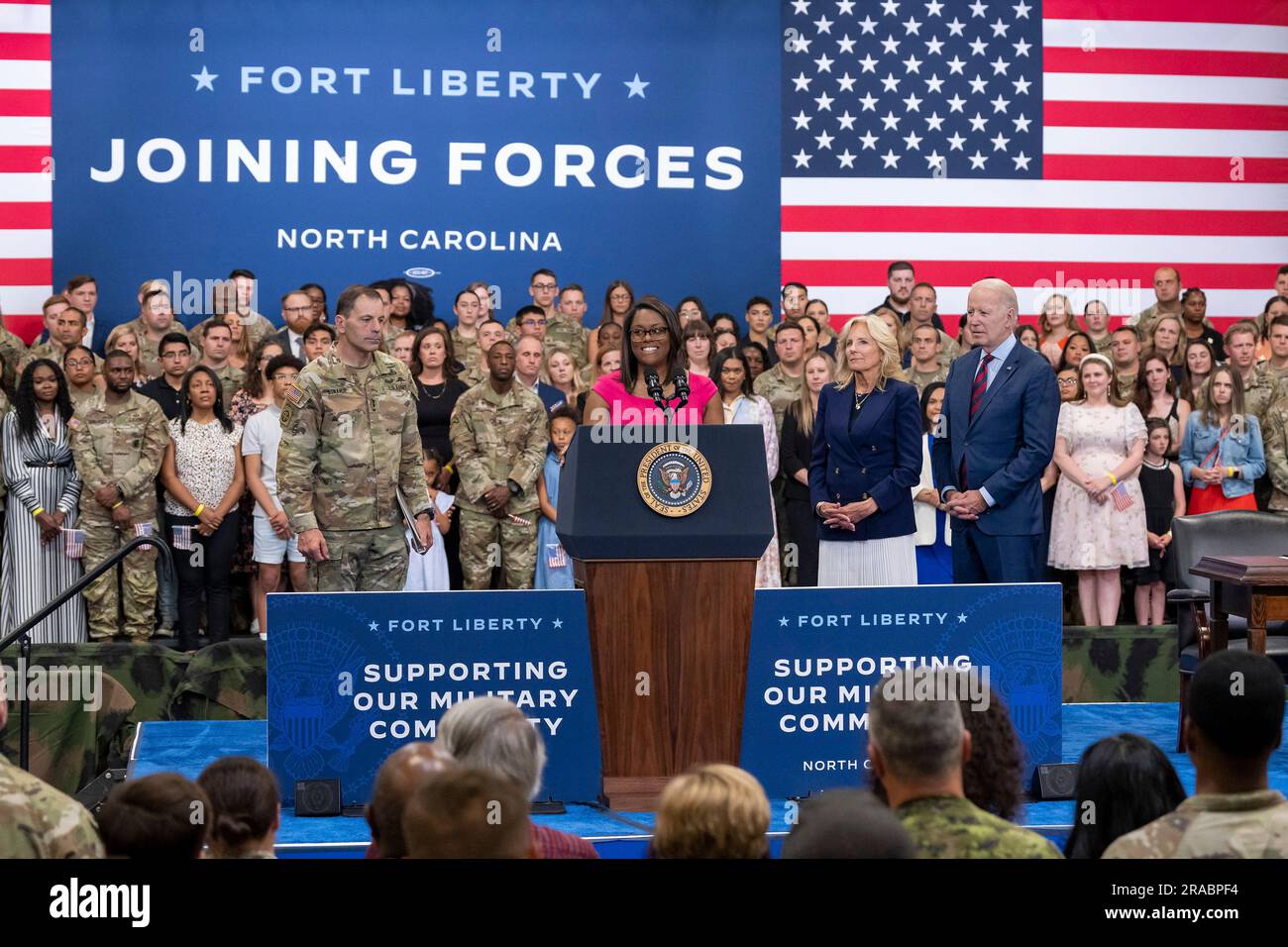 Fayetteville, United States of America. 09 June, 2023. Military spouse Tiffany Zoeller introduces U.S President Joe Biden for an Executive Order signing ceremony promoting the Joining Forces program for military families at Fort Liberty, June 9, 2023, in Fayetteville, North Carolina. Stock Photo