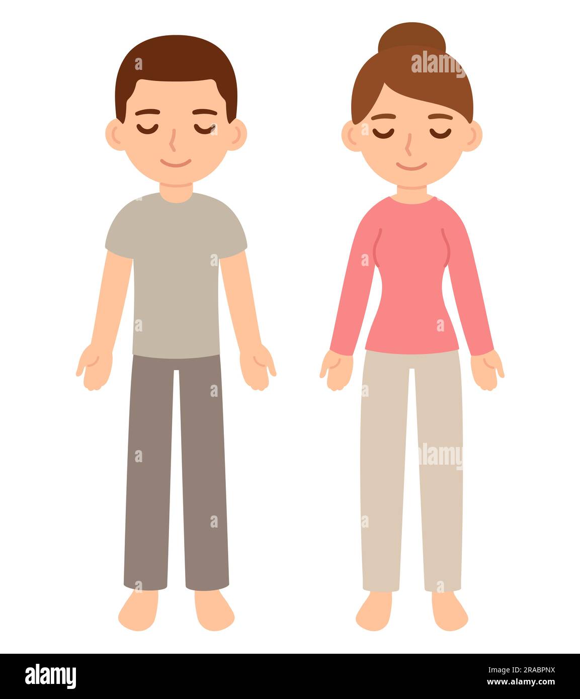 Cute cartoon man and woman in Shavasana, lying meditation. Full body relaxation pose. Simple flat vector clip art illustration. Stock Vector