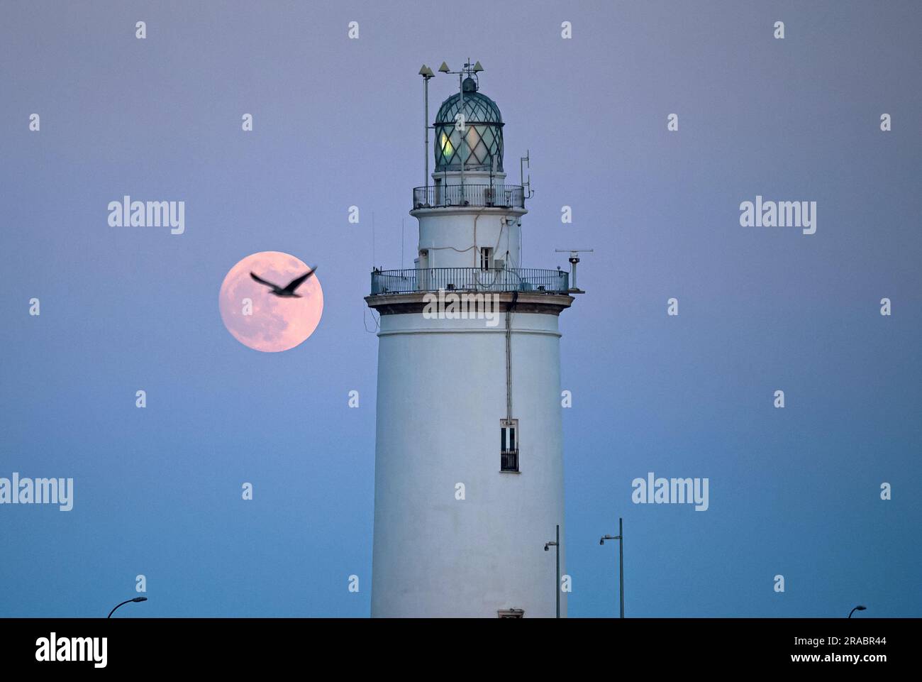 Malaga, Spain. 2nd July, 2023. The buck moon rising in the sky over a lighthouse is seen at port of Malaga. At the beginning of July, the full deer moon takes place as one of the most striking astronomical events of the month. When the full moon takes place it appears larger and brighter than normal. (Credit Image: © Jesus Merida/SOPA Images via ZUMA Press Wire) EDITORIAL USAGE ONLY! Not for Commercial USAGE! Stock Photo