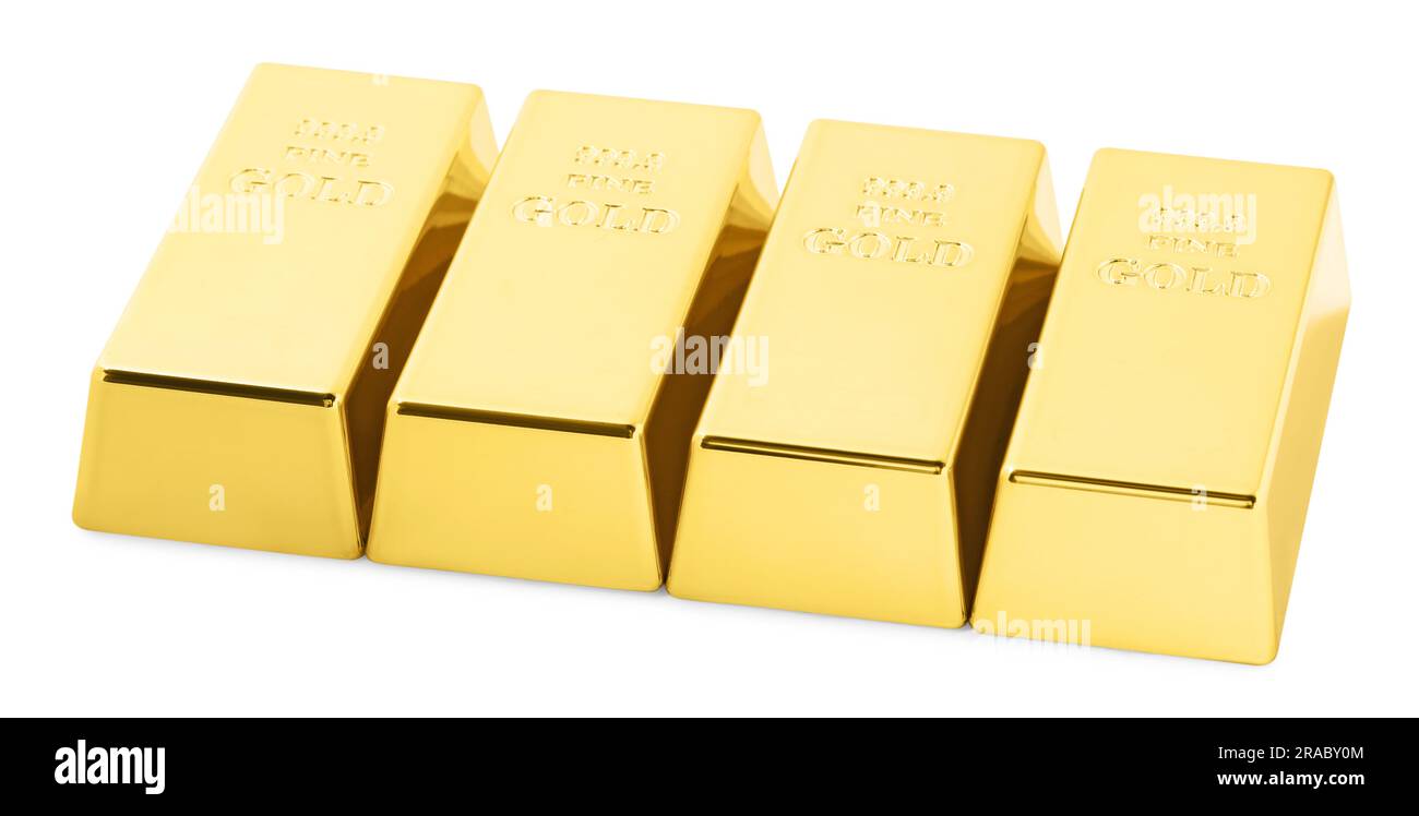 Many shiny gold bars isolated on white Stock Photo - Alamy