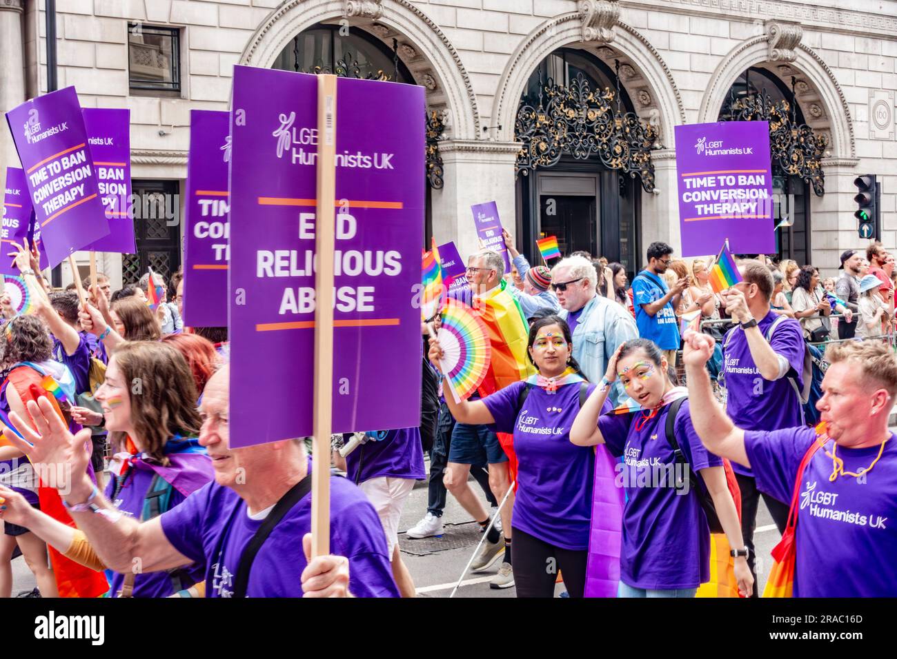 Participants representing LGBT Humanists UK in the annual London Pride event on 1st July 2023 on Piccadilly in London Stock Photo