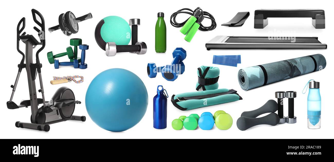 Set with different sports equipment on white background Stock Photo Alamy
