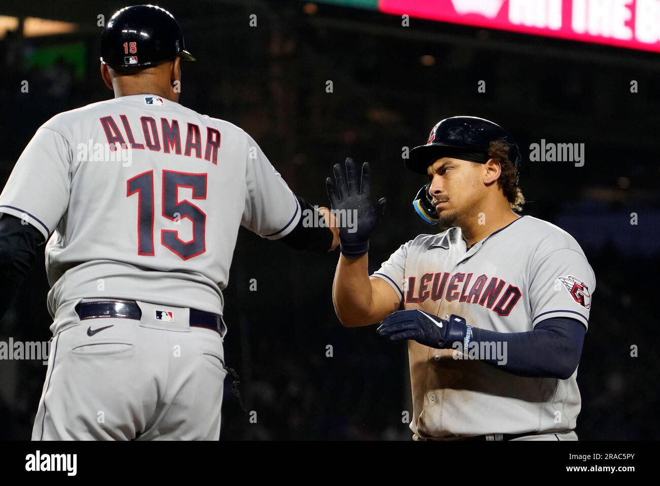 Cleveland Guardians' Josh Naylor looks on during the second inning of a  baseball game against the Miami Marlins, Sunday, April 23, 2023, in  Cleveland. (AP Photo/Nick Cammett Stock Photo - Alamy