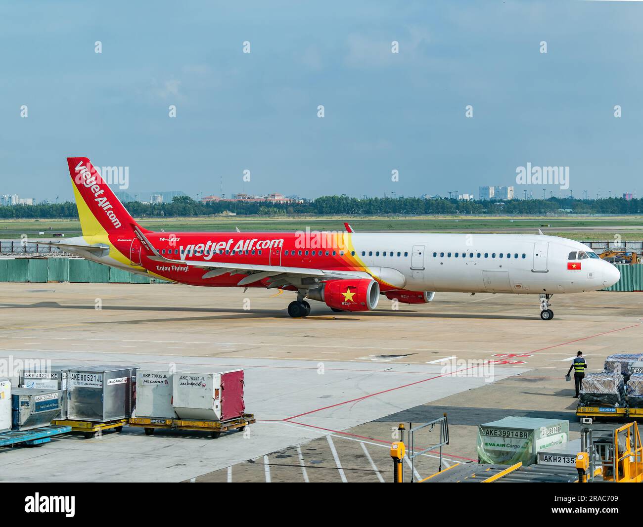 Ho Chi Minh City, Vietnam - April 13th 2018: Vietjet Airbus A321 ready for departure at Tan Son Nhat Airport in Ho Chi Minh City, Vietnam. Stock Photo