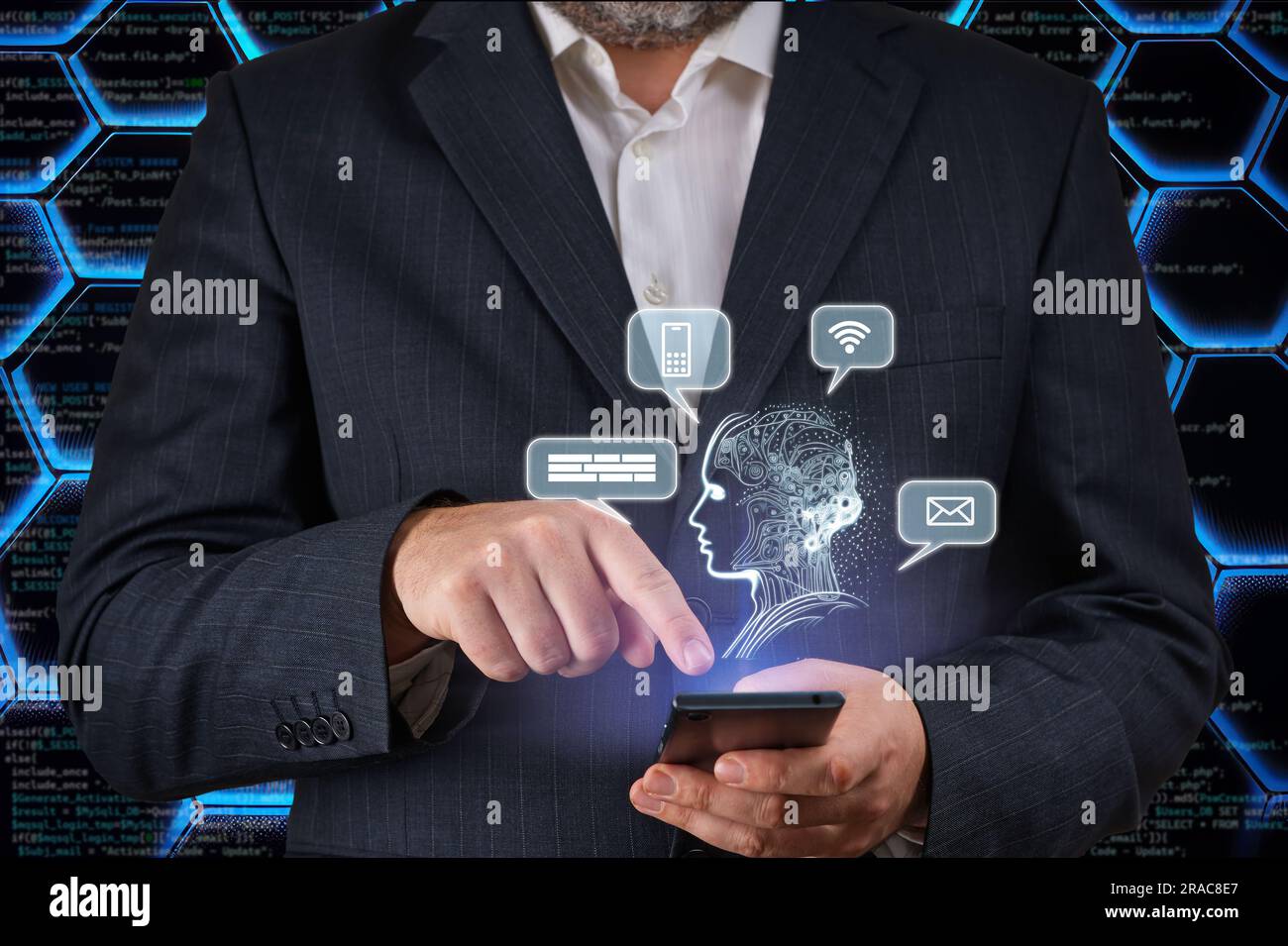 AI, Artificial Intelligence in smartphone. Chat bot interface ...