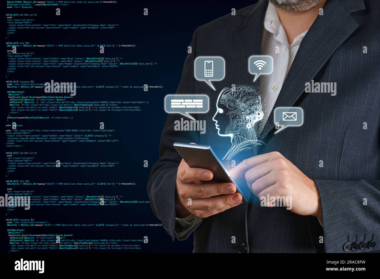 AI, Artificial Intelligence in smartphone. Chat bot interface ...
