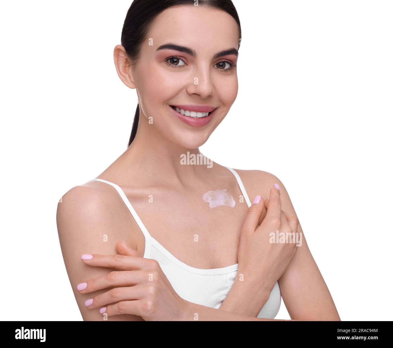 Beautiful woman with smear of body cream on her collarbone against white background Stock Photo