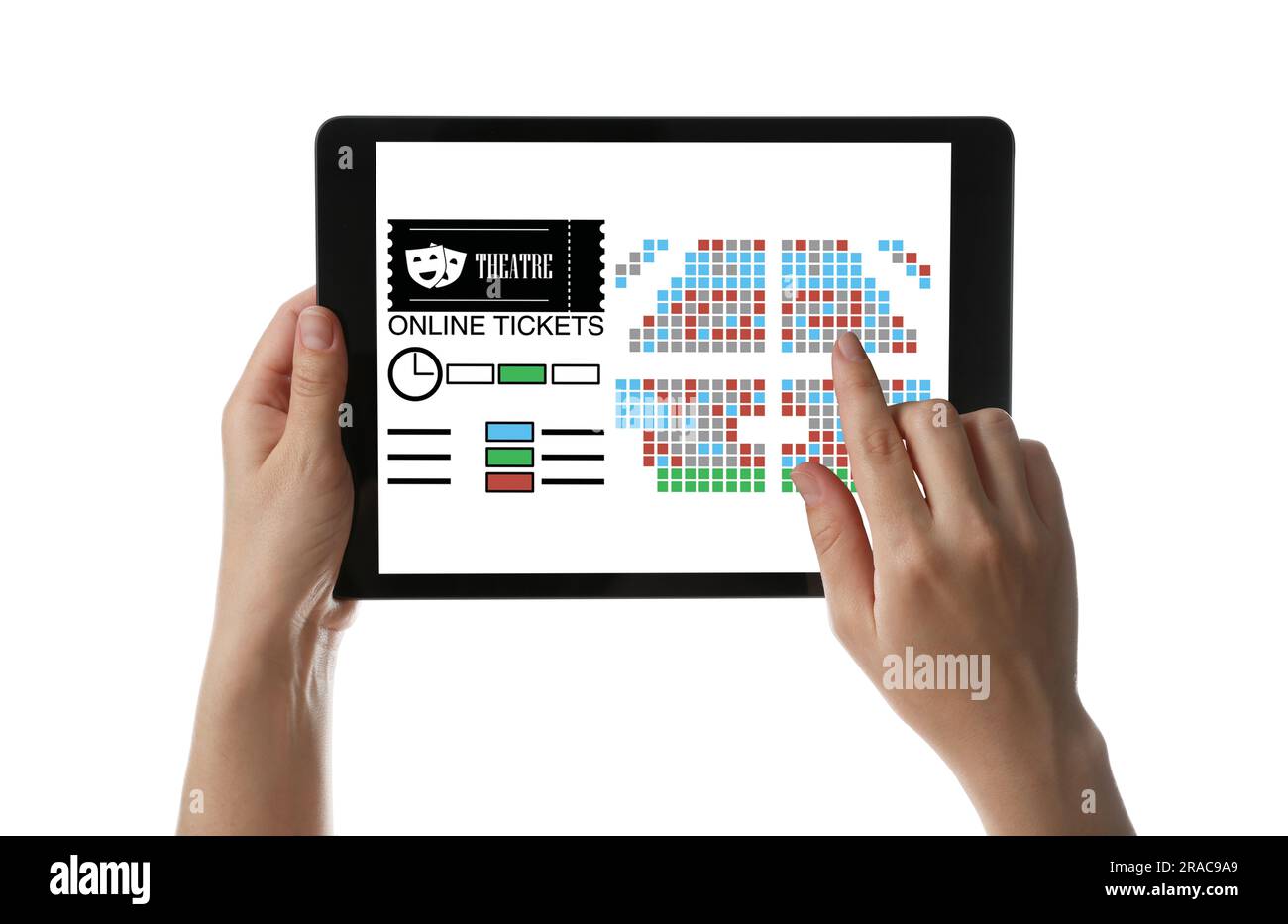 Woman buying theater tickets online via tablet on white background, closeup Stock Photo