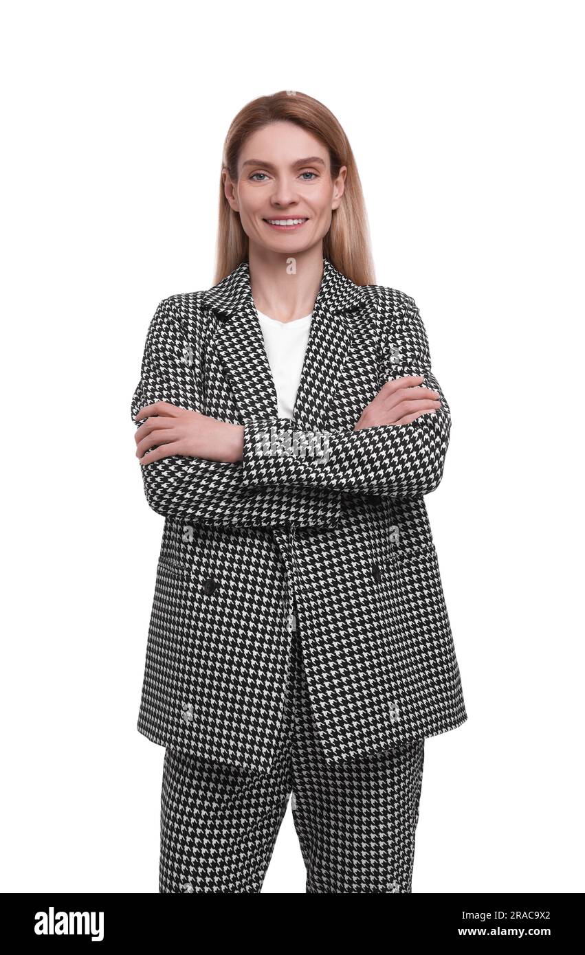 Beautiful happy businesswoman in suit on white background Stock Photo ...