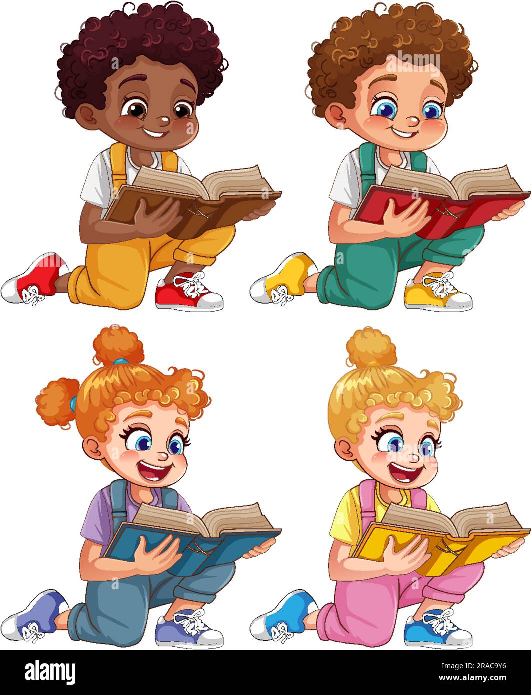 Set of boy and girl with curly hair in different skin colour reading a book illustration Stock Vector