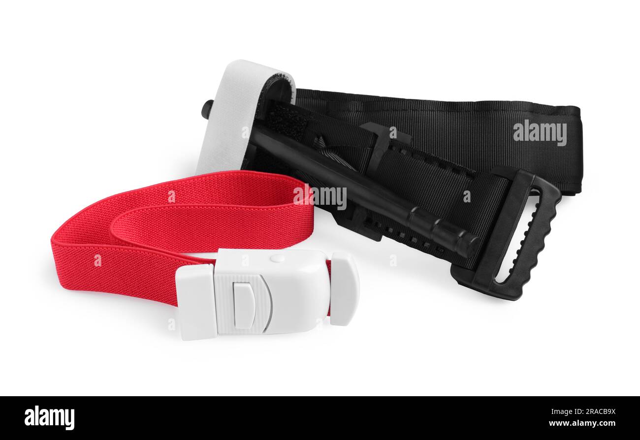 First aid tourniquets isolated on white. Medical equipment Stock Photo
