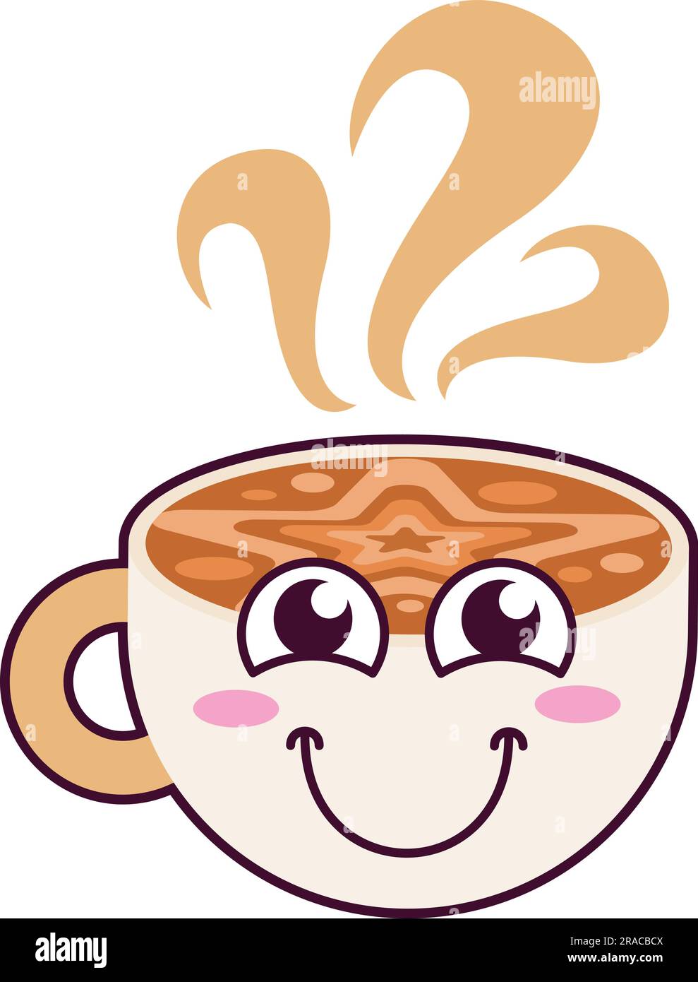 Ceramic mug smiling character with hot sweet cocoa and foam pattern on surface in form of five pointed star. Cheerful mascot of children holiday and t Stock Vector