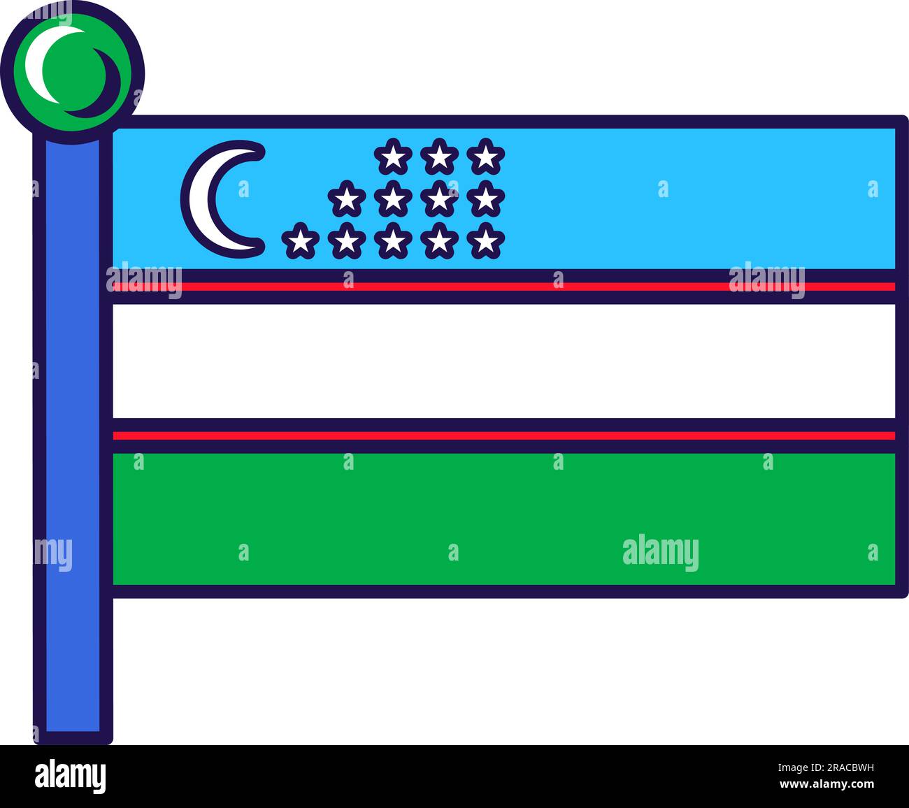 Uzbekistan country nation flag on flagpole vector. Horizontal triband of azure, white and green