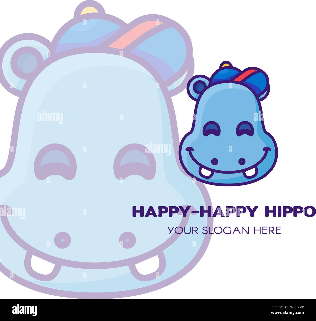 Logo of cute baby hippo in Baseball Cap smiling cheerfully. Symbol emblem for design decoration, brand name of children private kindergarten. Vector i Stock Vector