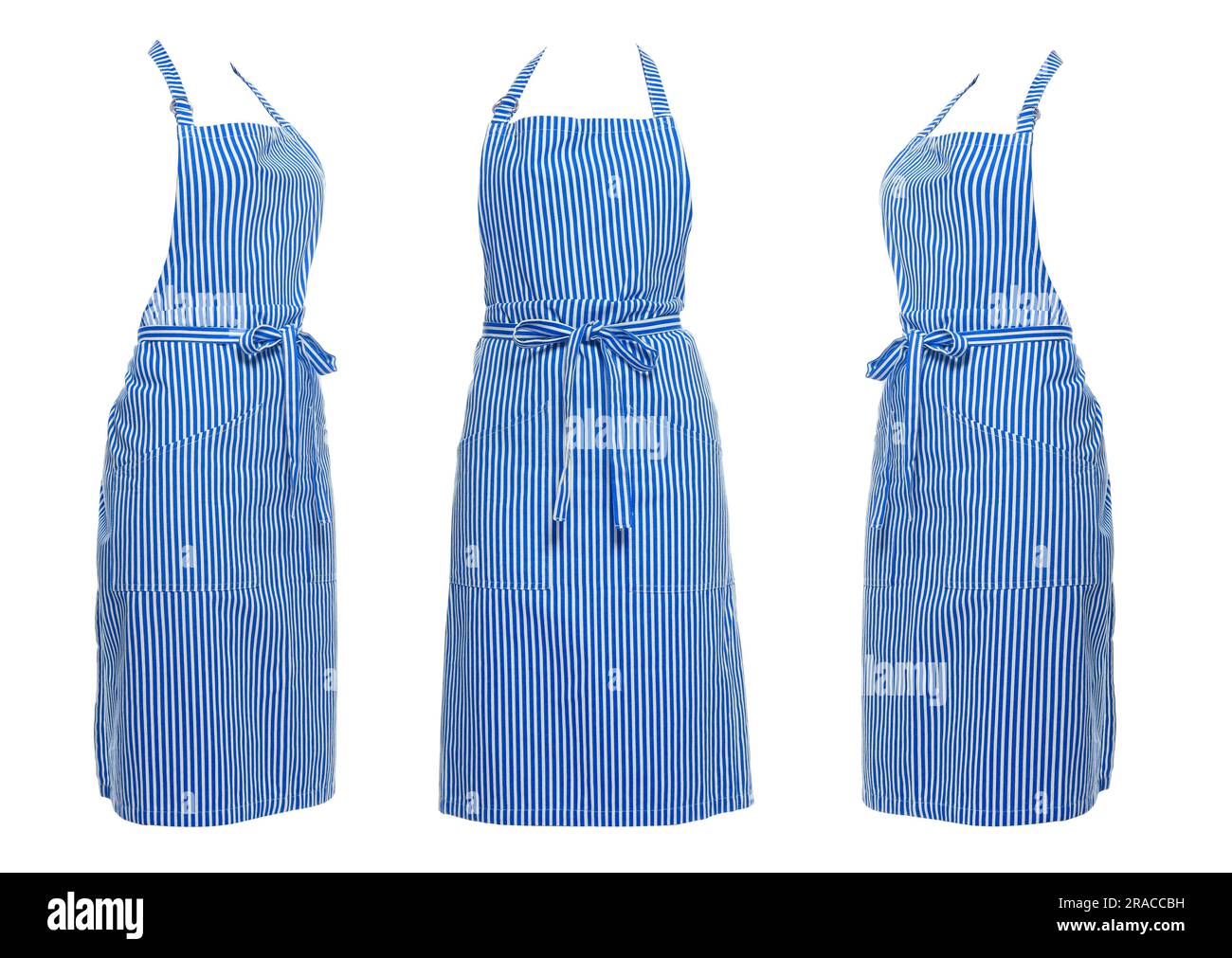 Collage with blue striped apron isolated on white, different sides ...
