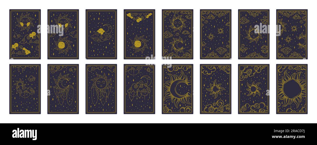 Tarot aesthetic golden card set. Heavenly tarot designs for oracle card covers. Vector illustration isolated in blue background Stock Vector