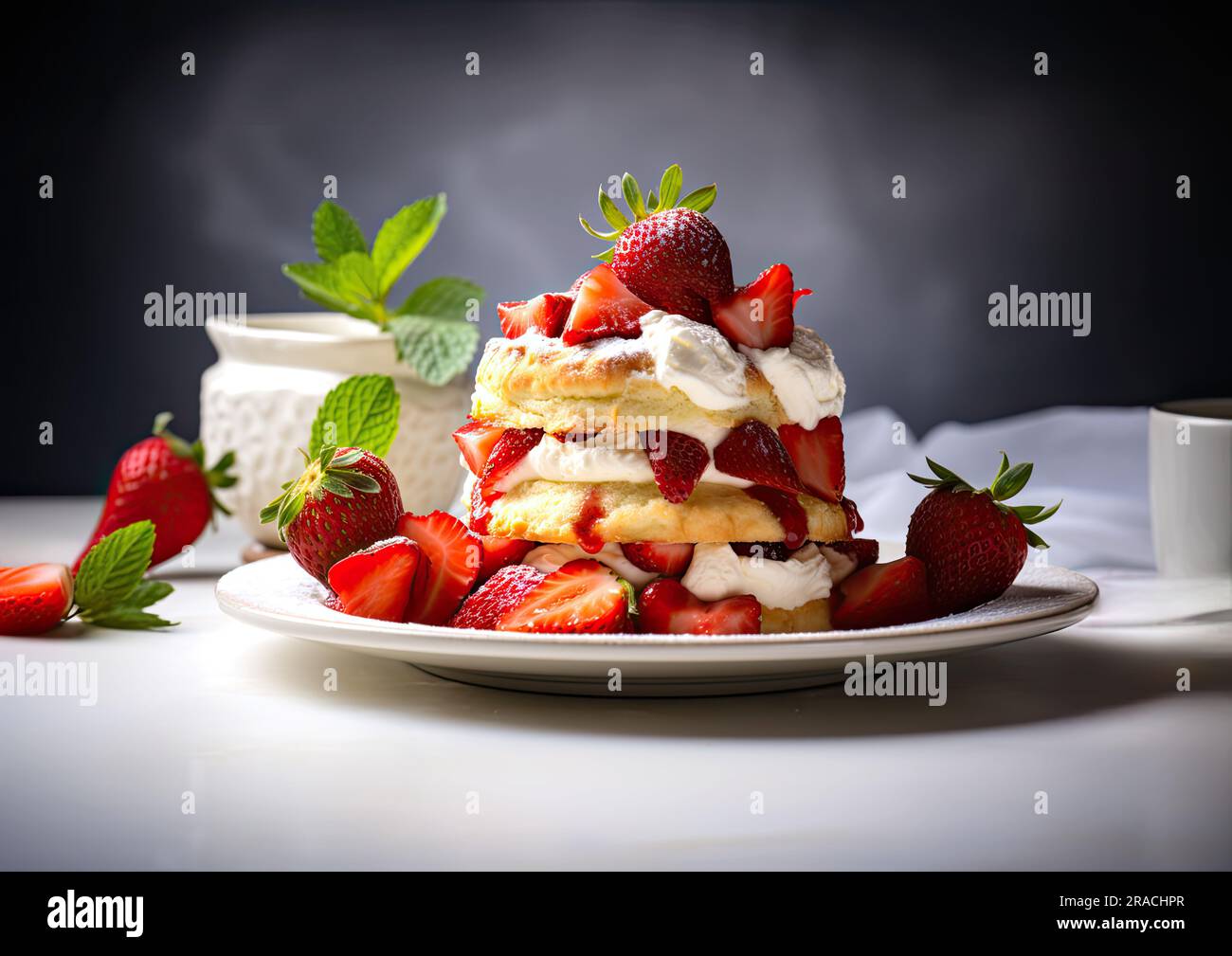 Scones and strawberries on a white table - Cream Tea Stock Photo