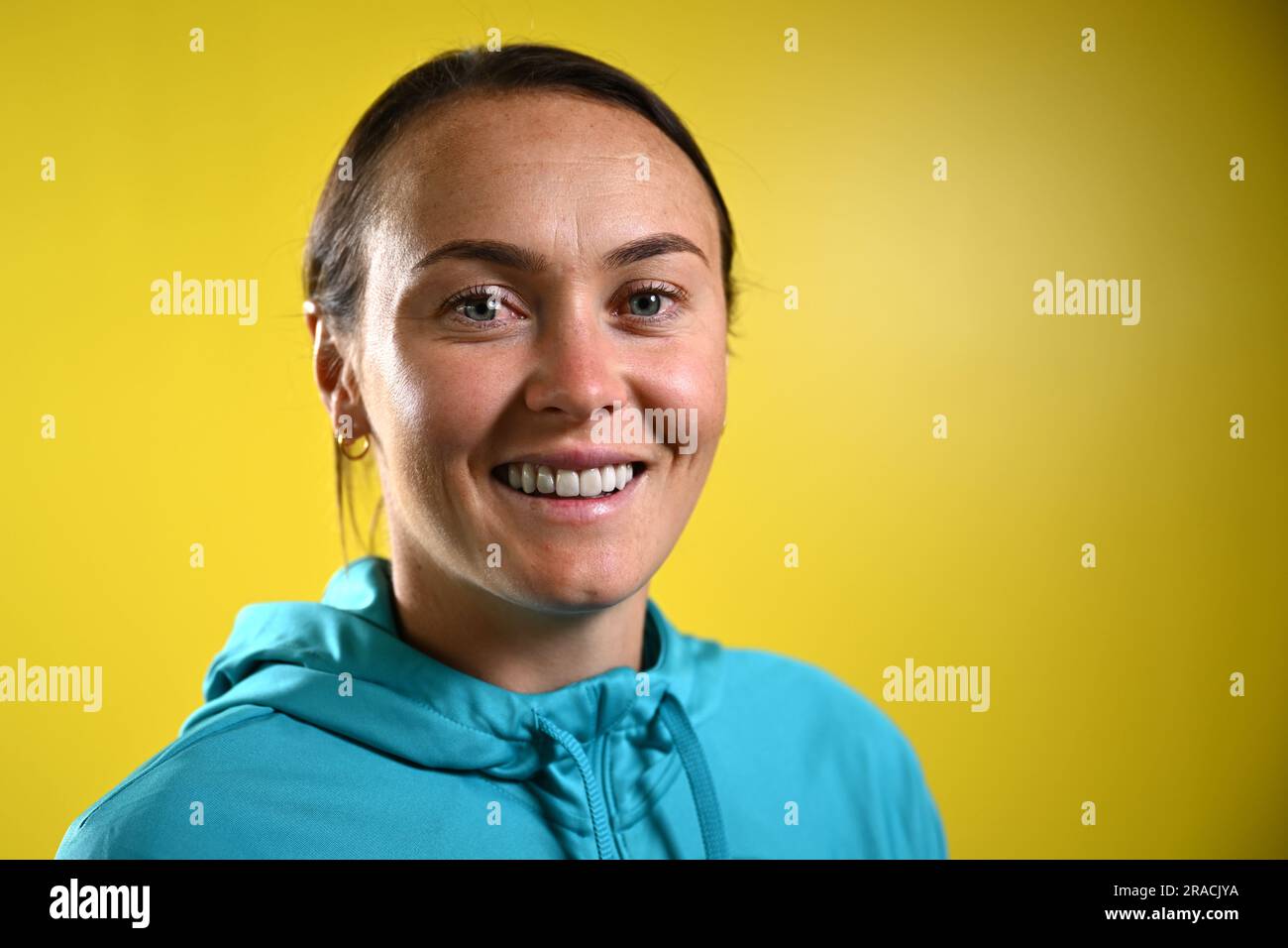 Melbourne, Australia. 03rd July, 2023. Caitlin Foord poses for a photo during the unveiling of
