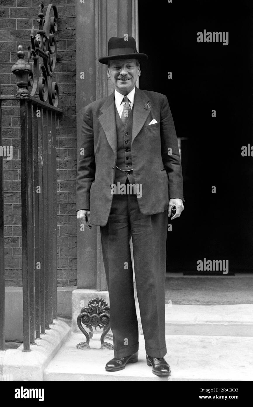 File photo dated 06/08/47 of Prime Minister Clement Attlee, leaving 10 Downing Street, London, on his way to the House of Commons to deliver his crisis speech. 'Choose your doctor - do this now!' were the words that appeared in newspapers, on posters, on the radio and in cinemas ahead of the launch on July 5 1948 of the National Health Service. Labour politicians gave talks on BBC radio to promote the health service, including the prime minister, Clement Attlee, who delivered a broadcast on the evening before the launch. Issue date: Monday July 3, 2023. Stock Photo