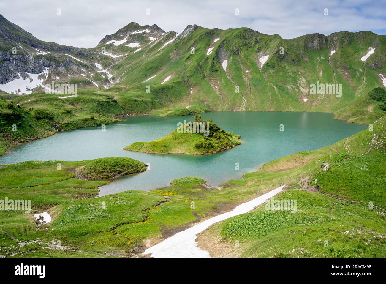 Beautiful mountain lake Schrecksee in German Alps during summer hike Stock Photo
