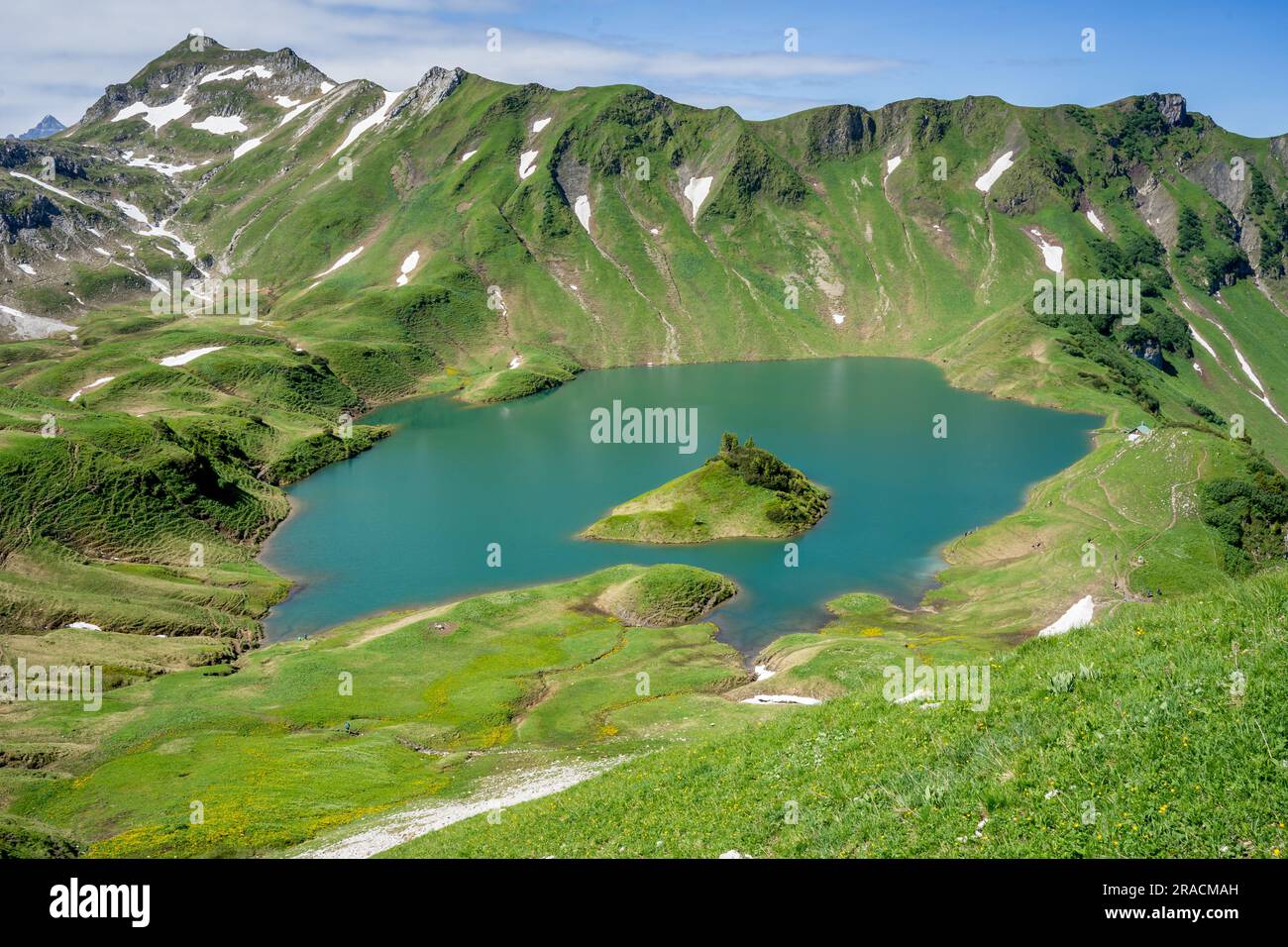 Beautiful mountain lake Schrecksee in German Alps during summer hike Stock Photo