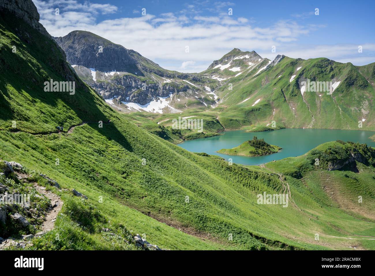 Beautiful mountain lake Schrecksee in German Alps during summer hike Stock Photo