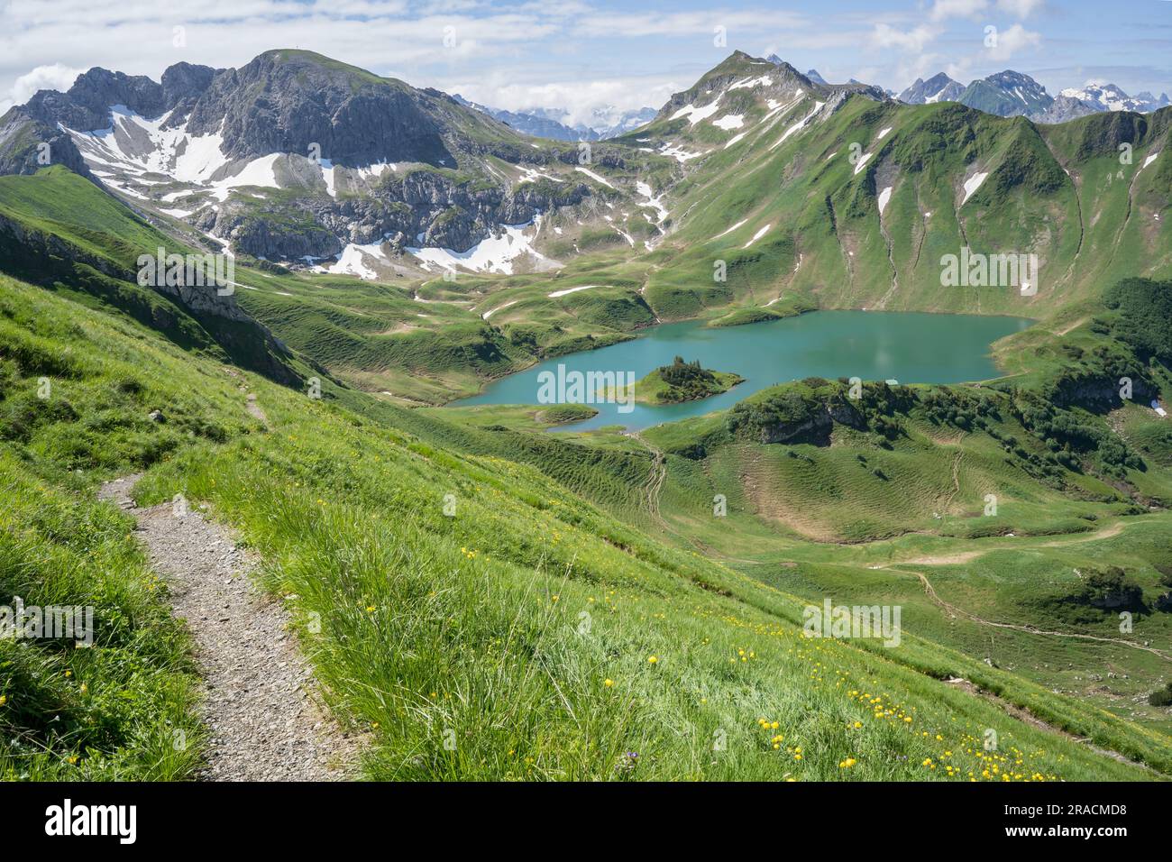 Beautiful mountain lake Schrecksee in German Alps during summer hike Stock Photo