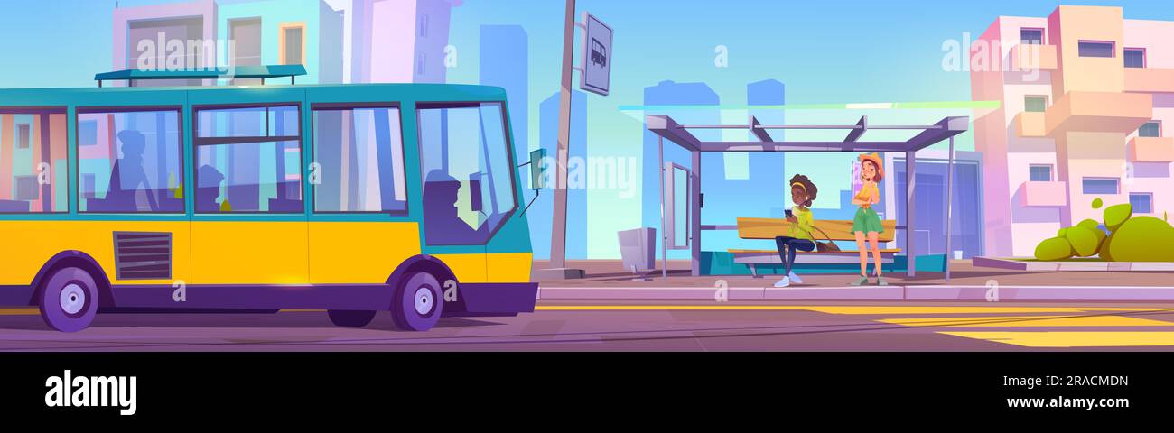 City bus arriving to pick up passengers at urban stop. Vector cartoon illustration of girls waiting public transport with gadgets in hands, glass shelter with wooden bench against cityscape background Stock Vector
