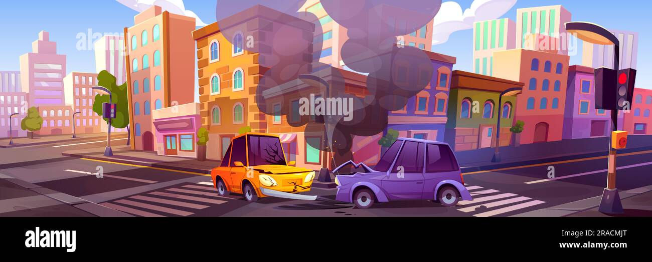 Car accident on city street corner. Vector cartoon illustration of two smashed autos standing on downtown road after bumper collision, oil stain on asphalt, smoke in air. Traffic rules violation Stock Vector