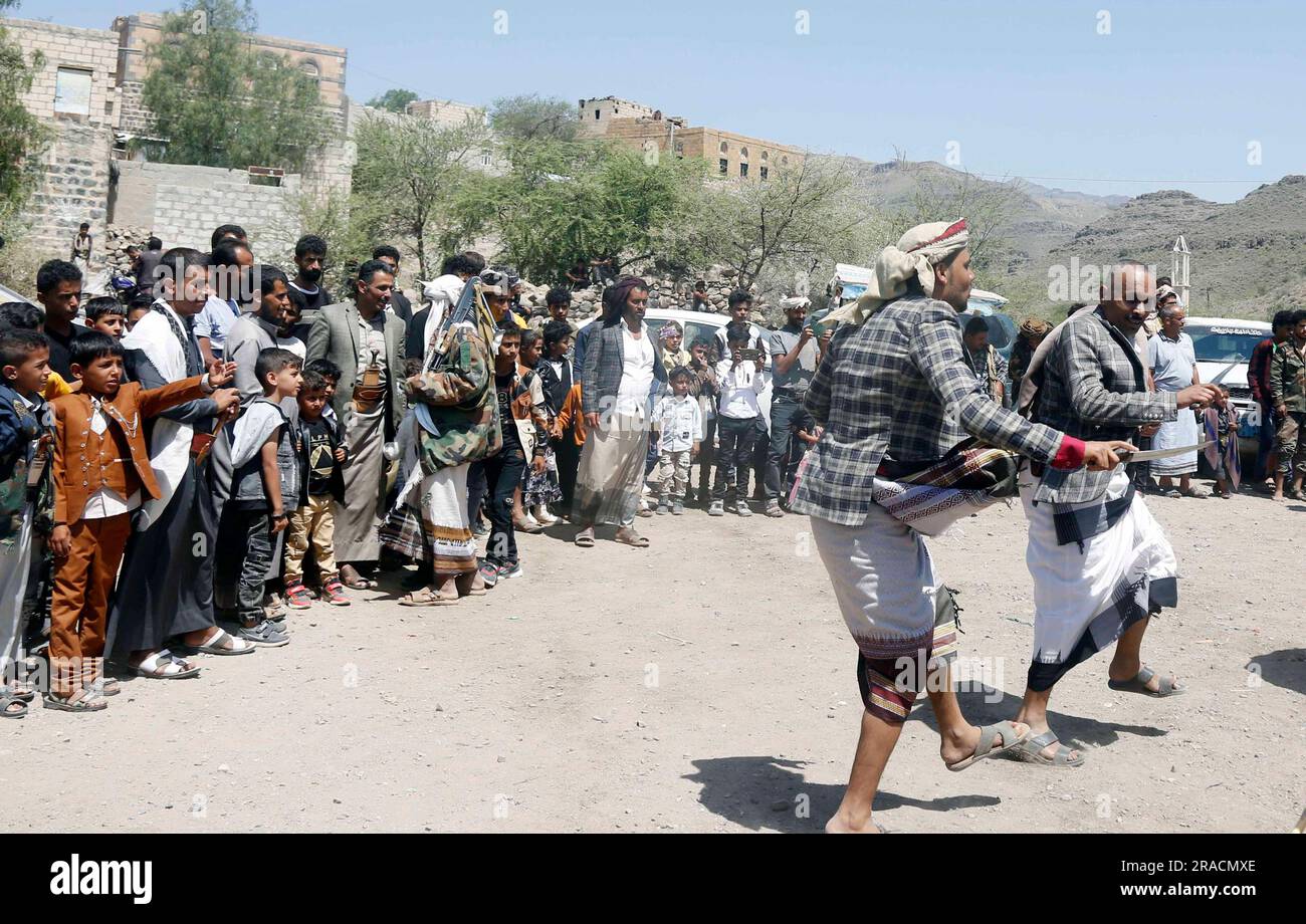 Sanaa, Yemen. 1st July, 2023. Villagers perform traditional dances to