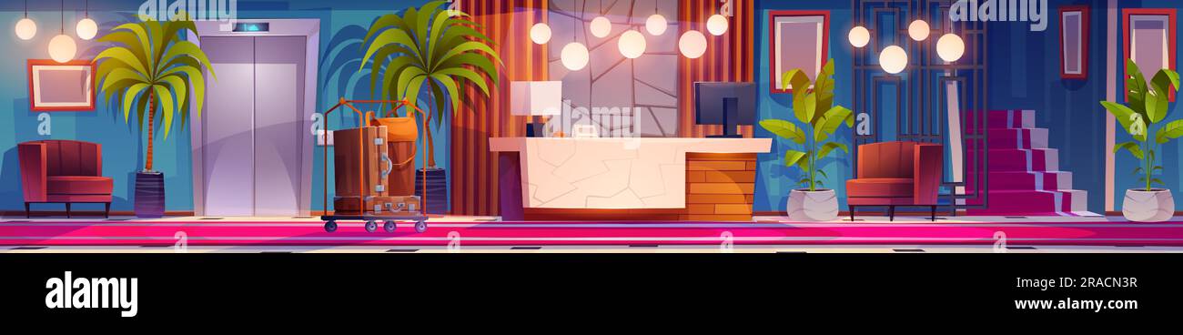 Hotel lobby interior with reception vector cartoon background. Business hall office room with modern desk, checkout area and armchair to sit. Suitcase on trolley service near elevator in corridor Stock Vector