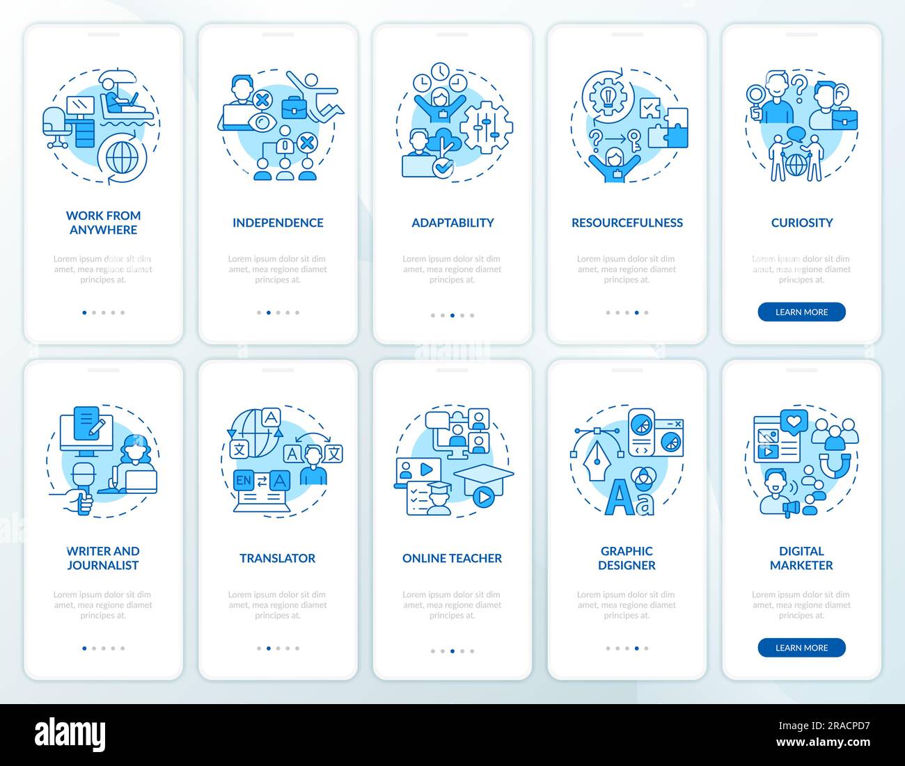 Digital nomad blue onboarding mobile app screen set Stock Vector Image ...
