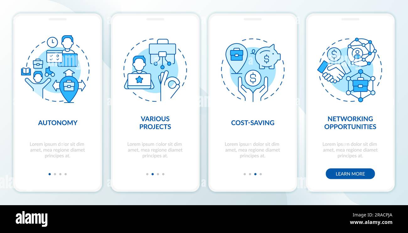 Remote work benefits blue onboarding mobile app screen Stock Vector
