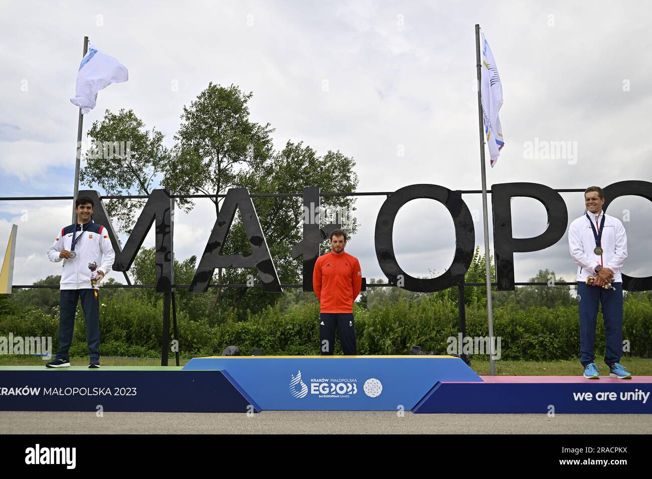 Krakow, Poland. 02nd July, 2023. Canoe Slalom. 2023 European Games. Kolna Sports Centre. Krakow. (l to r) Miquel Trave (ESP, Silver), Ryan Westley (GBR, Gold) and Vaclav Chaloupka (CZE, Bronze). The medalists in the Mens on the podium Canoe semi-final during the canoe slalom event at the 2023 European Games, Krakow, Poland. Credit: Sport In Pictures/Alamy Live News Stock Photo