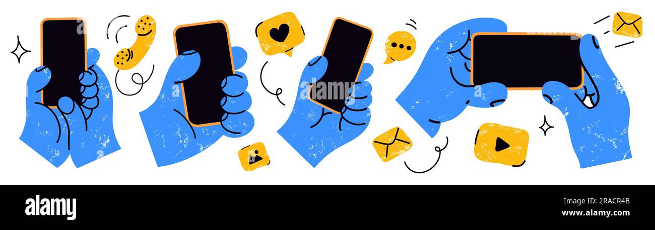 hands holding mobile phones with social media icons Stock Vector Image ...