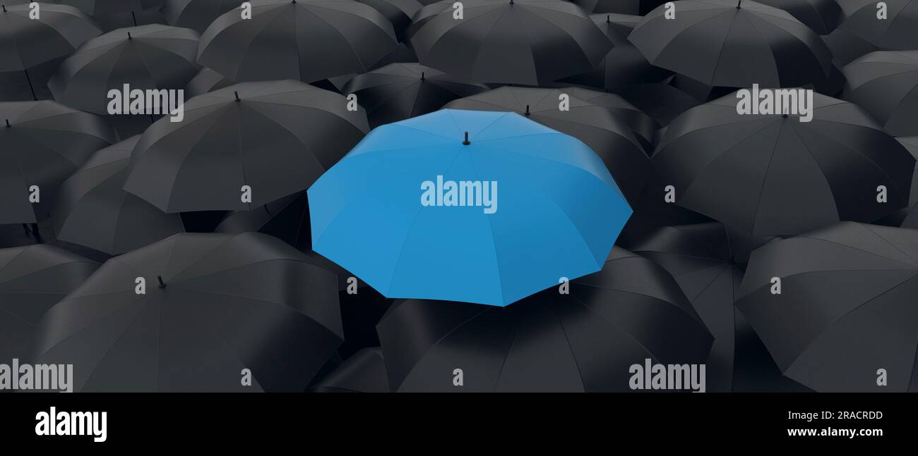 Blue umbrella stand out from the crowd of many black umbrellas. being
