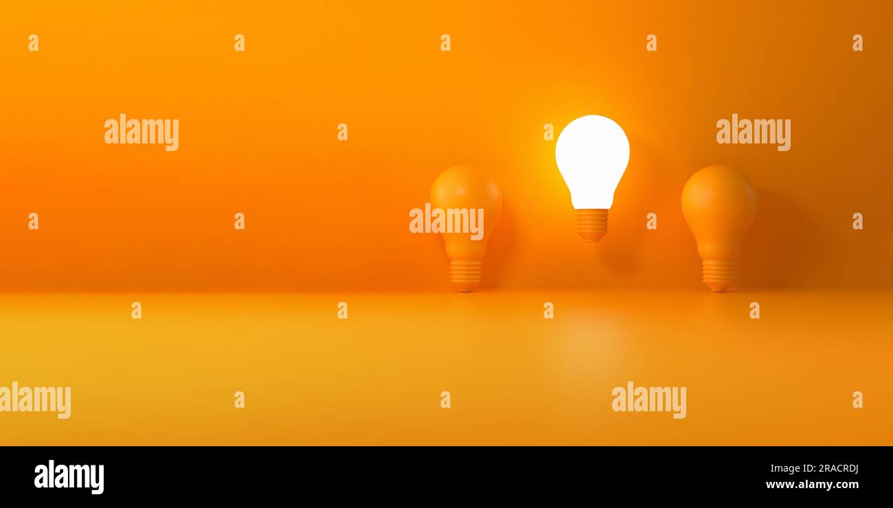 Outstanding light bulb among on orange background. creative idea and innovation unique think different concept. 3d rendering. Stock Photo
