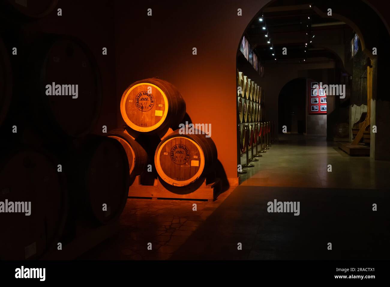 Yerevan, Armenia - May 28 2023: Cellar of the Ararat brandy factory in Yerevan. Barrels of cognac in the cellar. Stock Photo
