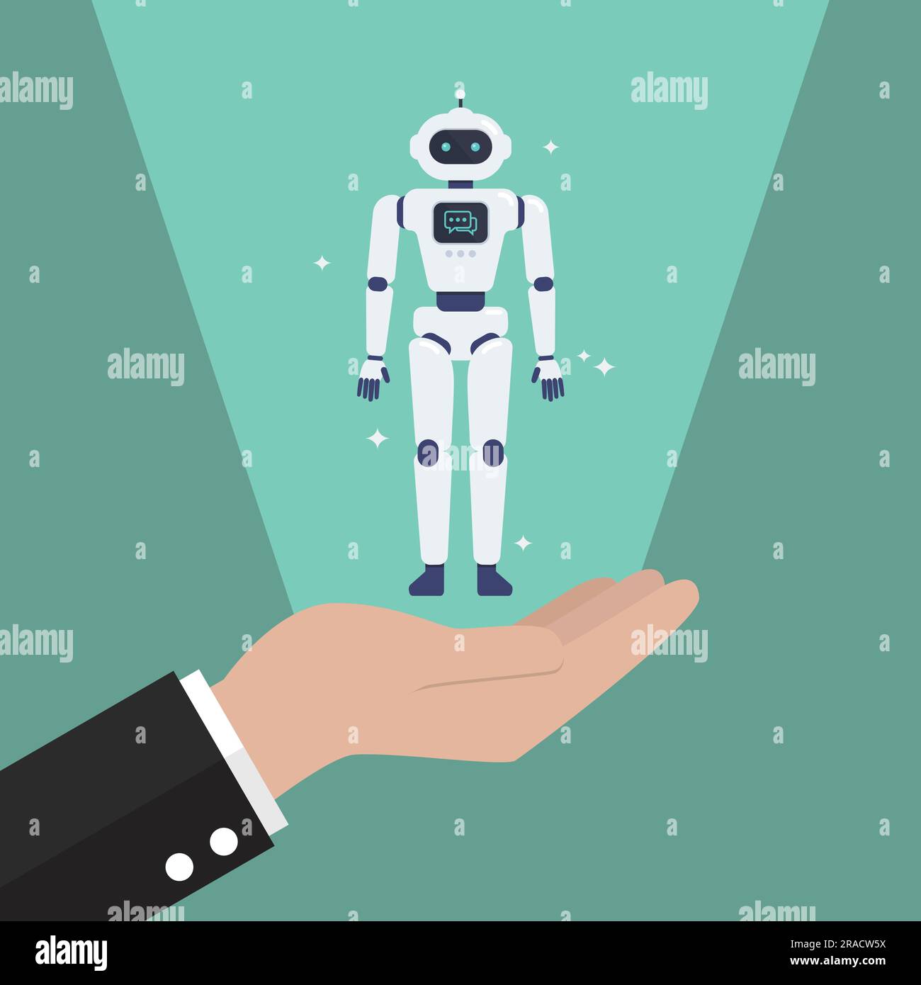 Hand is showing android robot. Cyborg Technology and Futuristic Intelligence Machine. Stock Vector