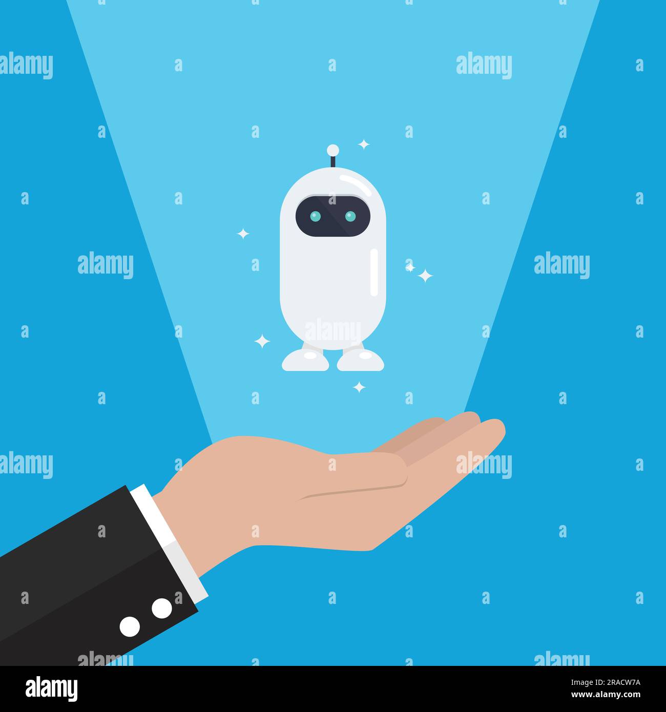 Hand is showing mini android robot. Cyborg Technology and Futuristic Intelligence Machine. Stock Vector