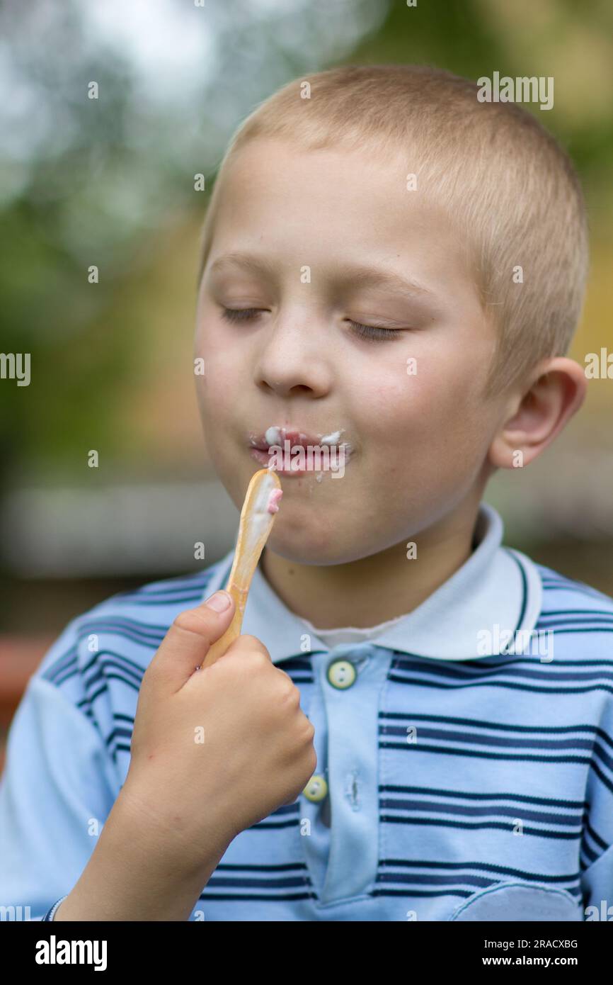 The boy licks a stick of ice cream Stock Photo Alamy
