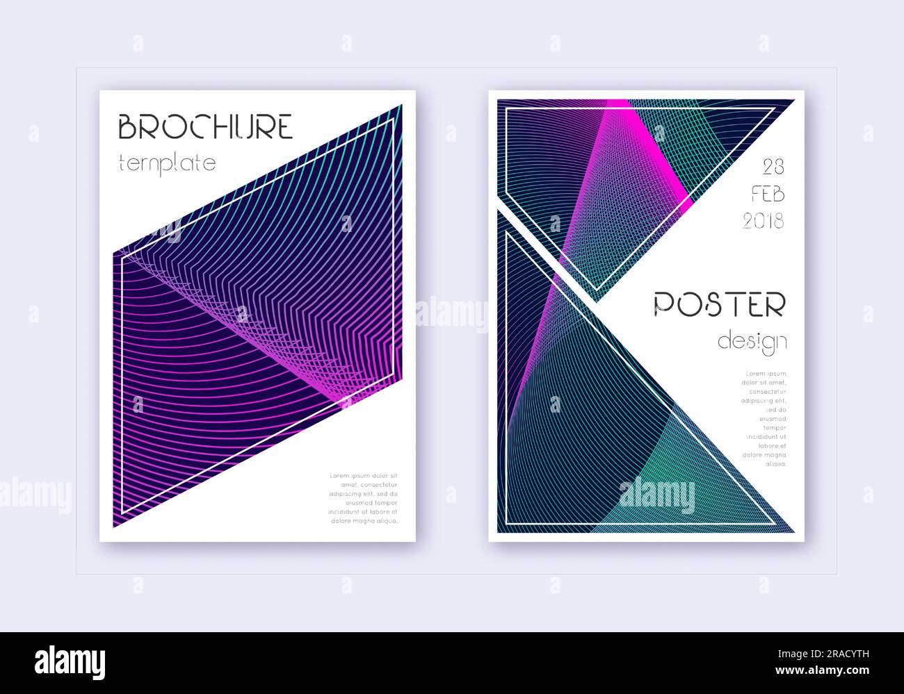 Triangle cover design template set. Neon abstract lines on dark blue