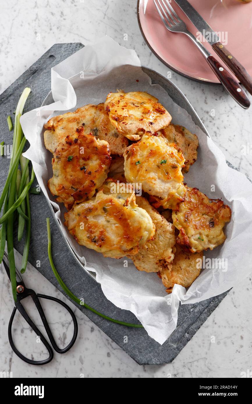Chicken fried in pancake batter Stock Photo Alamy