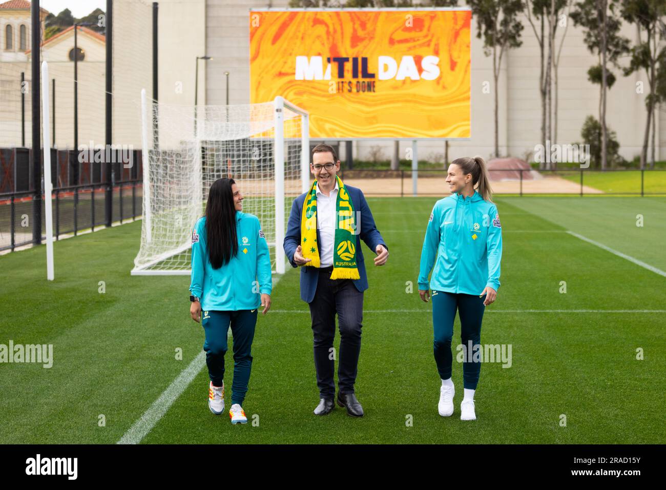 Melbourne, Victoria, Australia. 3rd July, 2023. MELBOURNE, AUSTRALIA - JULY 03: Matildas Alex Chidiac, Steph Catley with Sports Minister Steve Dimopoulous at the official opening of the Australian Matildas training facility and FIFA 2023 Women's World Cup squad announcement at La Trobe University on July 03, 2023 in Melbourne, Australia. (Credit Image: © Chris Putnam/ZUMA Press Wire) EDITORIAL USAGE ONLY! Not for Commercial USAGE! Stock Photo