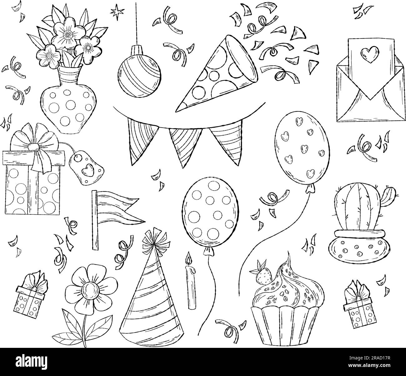 holiday birthday. Festive collection doodles. Bouquet flowers, birthday