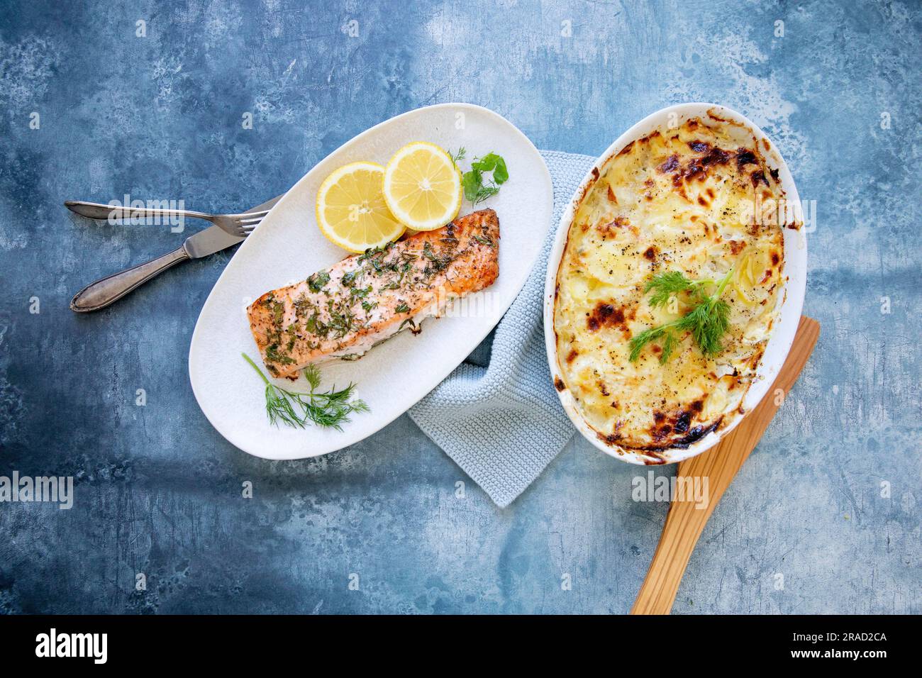 Salmon with potato gratin Stock Photo